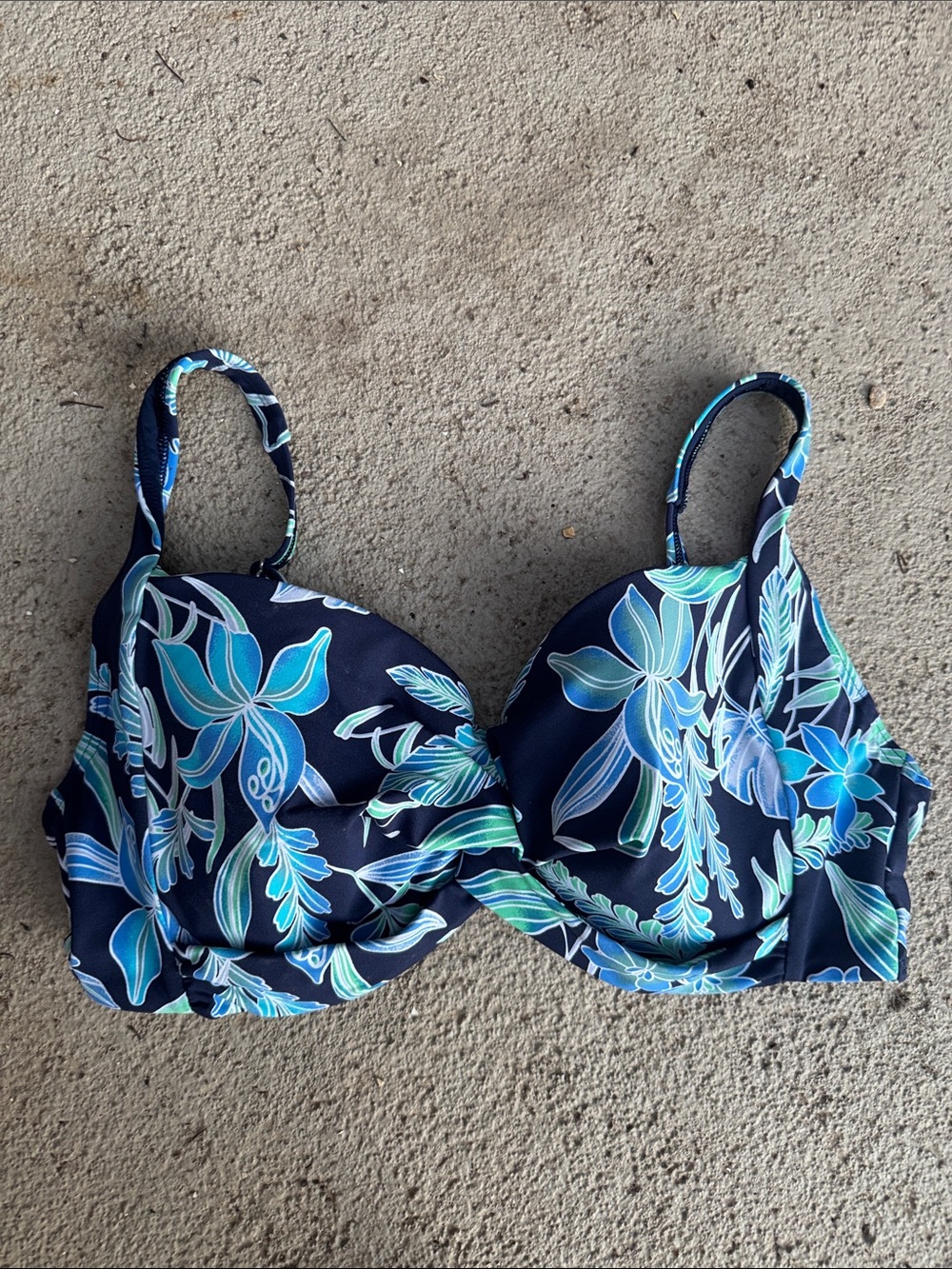 Lands' End Navy Floral Underwire Bikini Top with Aqua Accents size 10